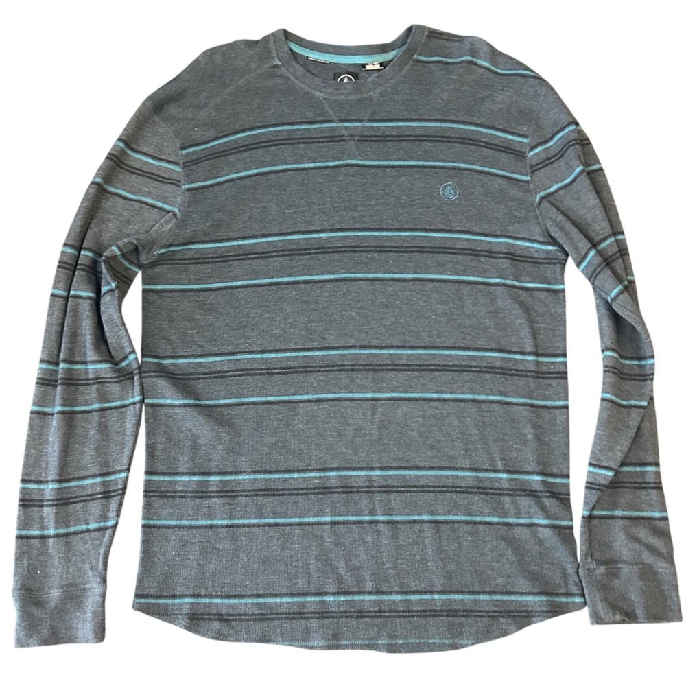 Volcom Mens Long Sleeve Thermal Shirt Striped Waffle Knit Grey Teal Size L